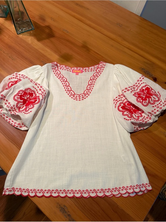 THML Tops - THML White Blouse with Red Embroidered Puff Sleeves